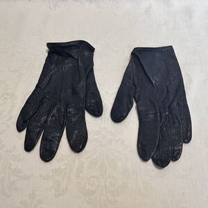 Vintage Van Raalte Black Leather Dress Gloves Size7 Table Cut Silk Lined Button